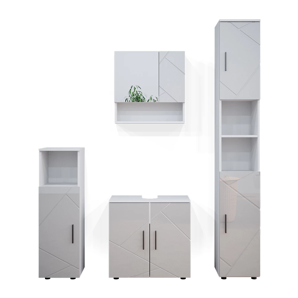 Vicco Bathroom furniture set White High Gloss 4 parts, with tall cupboard, Irma