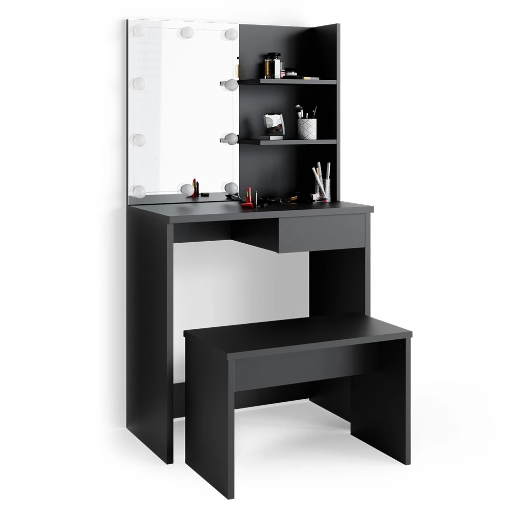 Vicco Vanity table Black 75 cm with LED lighting and bench, Dekos