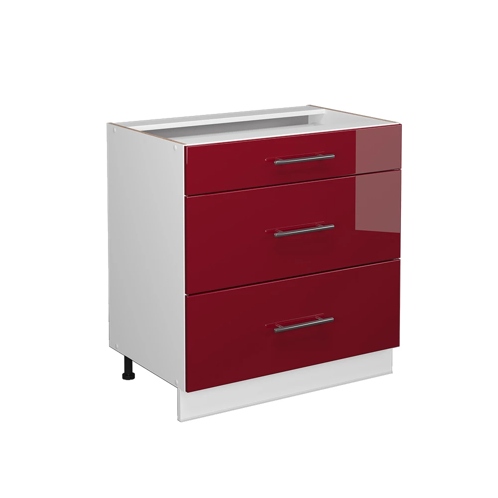 Vicco Kitchen base cabinet Bordeaux High Gloss 80 cm with 3 drawers, without worktop, Fame-Line