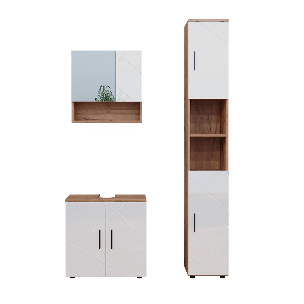 Vicco Bathroom furniture set White high gloss/gold power oak 3 parts, with tall unit, Irma