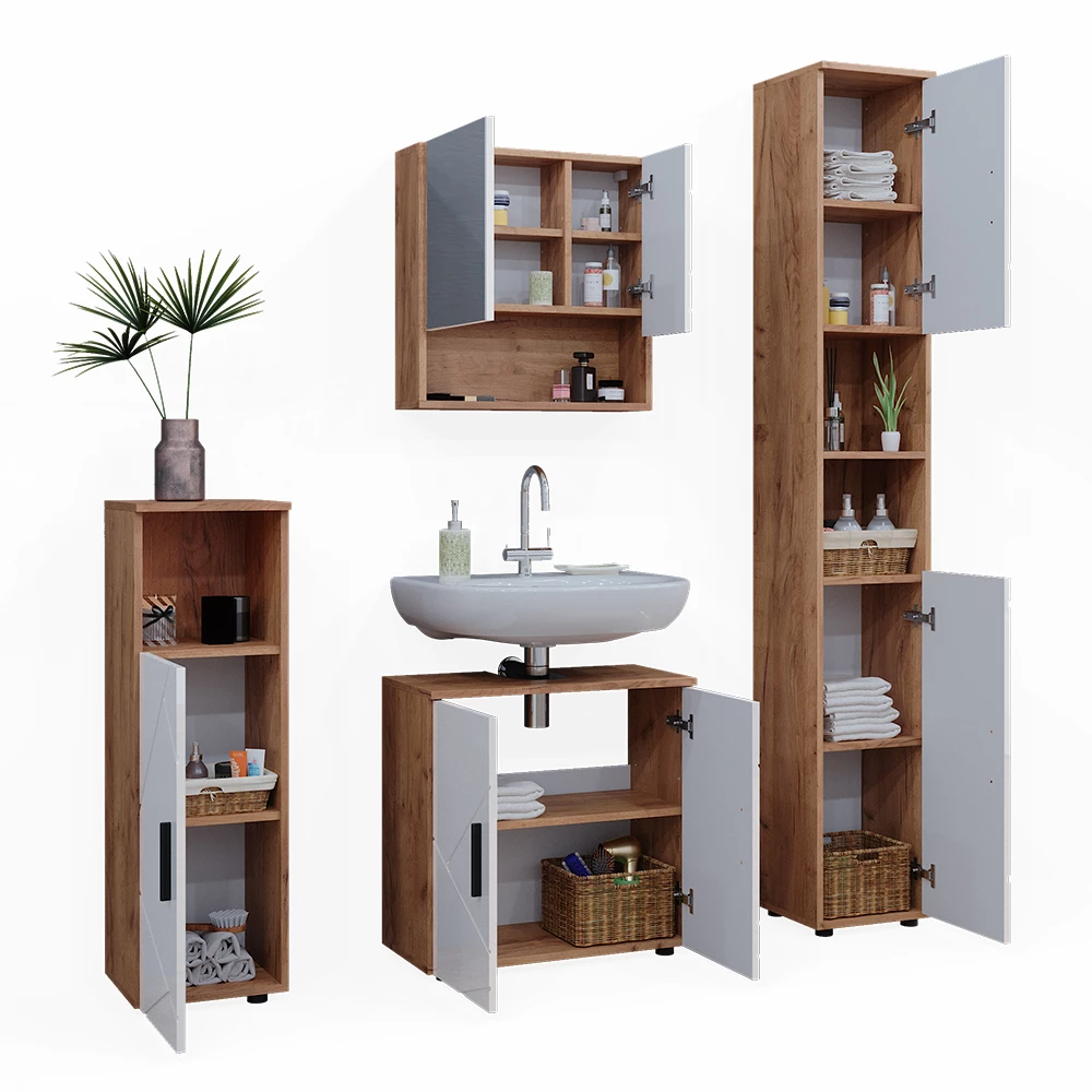 Vicco Bathroom furniture set White high gloss/gold power oak 4 parts, with tall cupboard, Irma