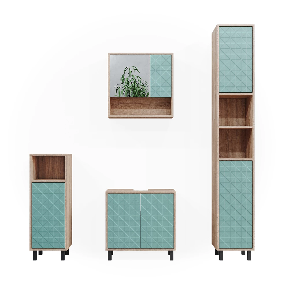 Vicco Bathroom furniture set Mint green 4 parts, with tall cabinet and chest of drawers, Agasta