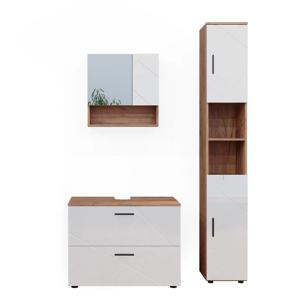 Vicco Bathroom furniture set White high gloss/gold power oak 3 parts, with drawer unit and tall unit, Irma