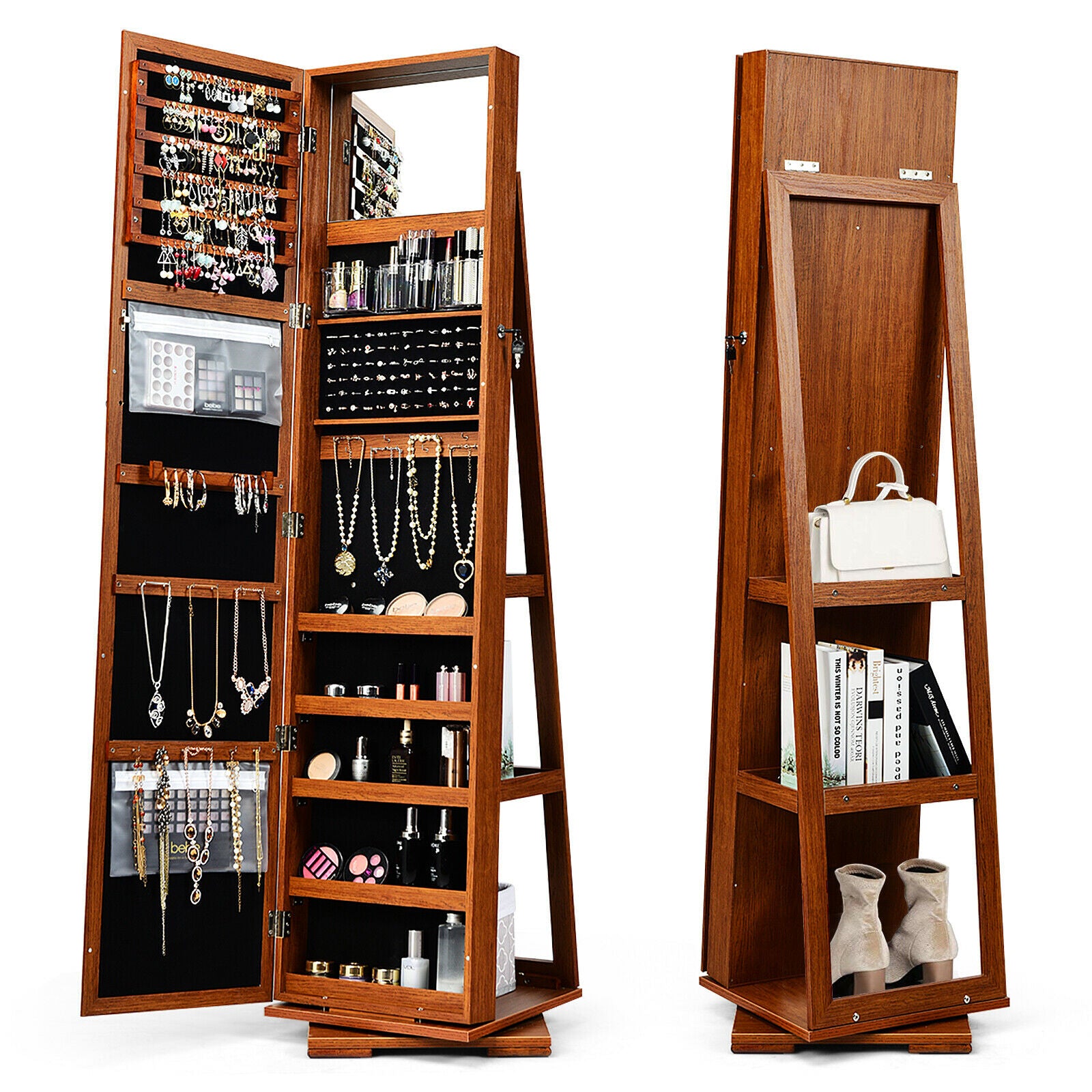 Full Length Mirrored Jewellery Cabinet Rotates 360° with Open Display Shelves