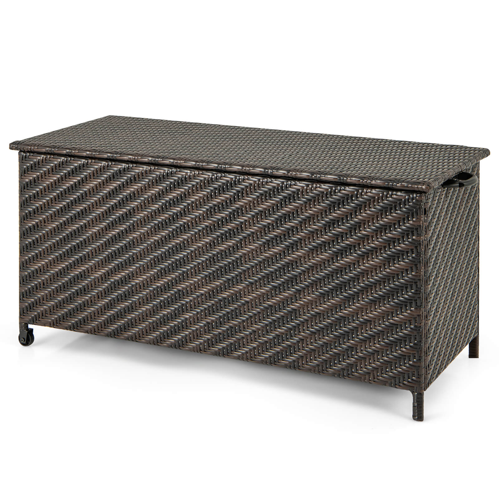 320L Tightly-Woven Rattan Deck Box with Polyester Liner and Wheels-Brown