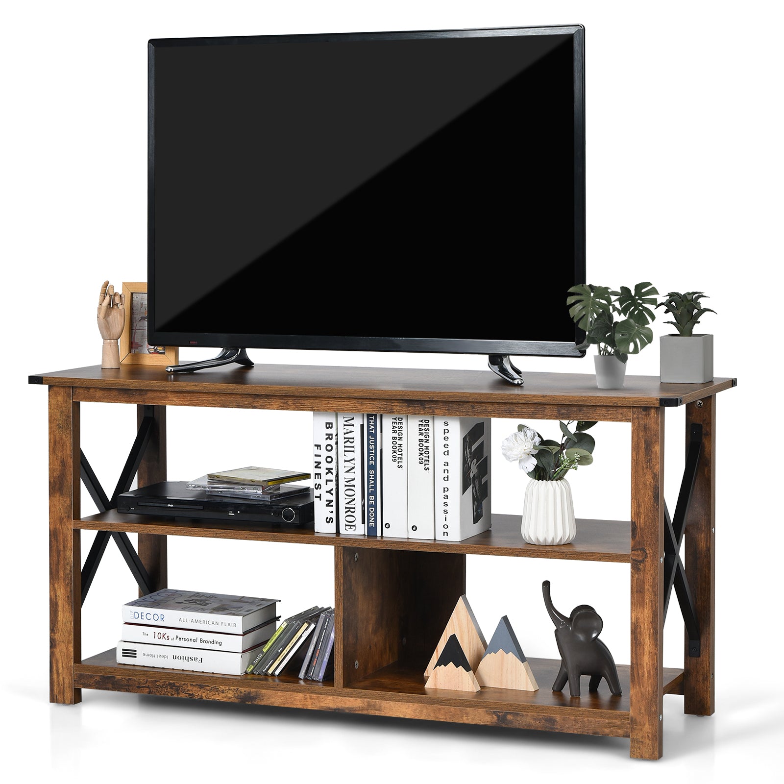 3 Tier Rustic TV Stand with Open Shelves and Cable Management