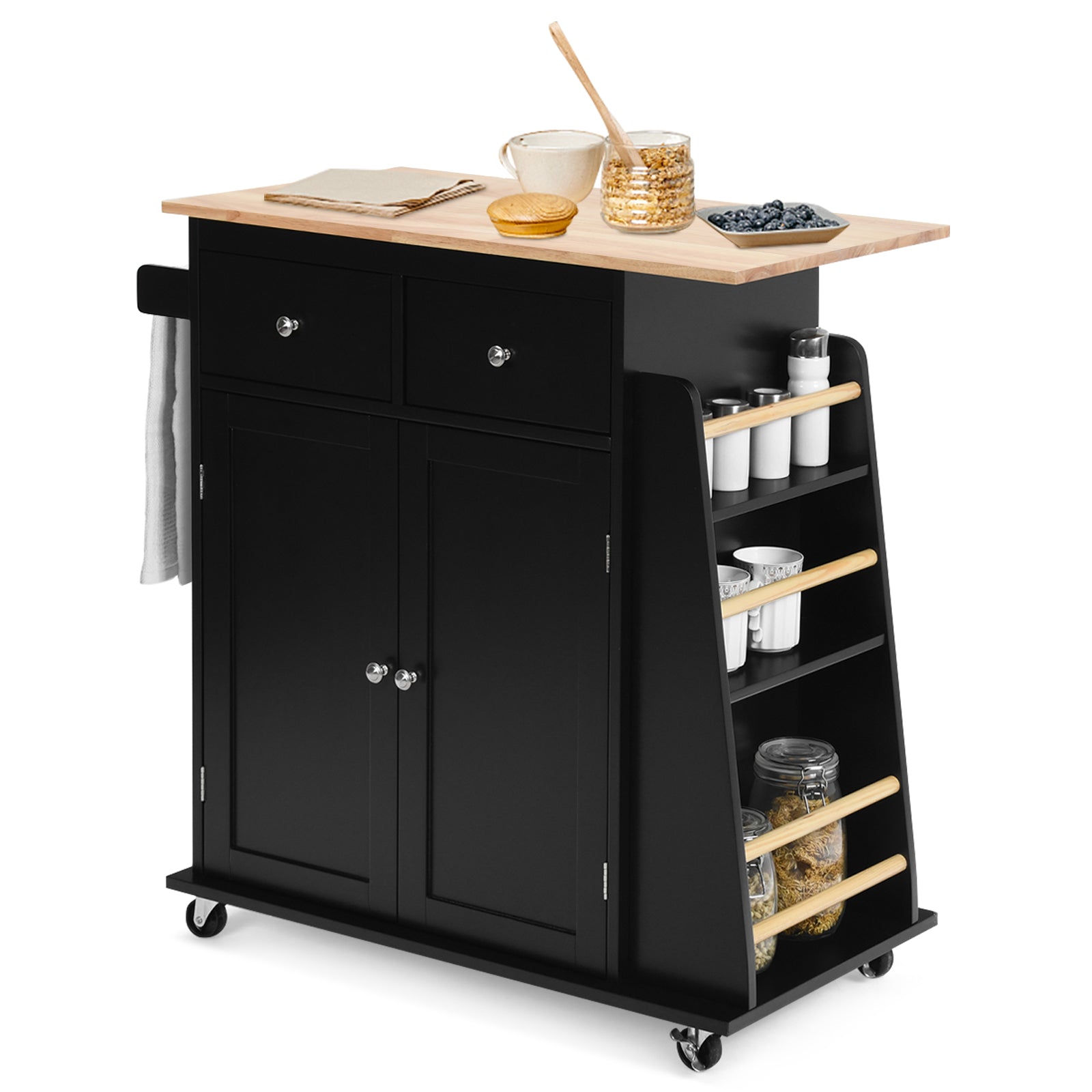 Kitchen Island with Rubber Wood Countertop and Storage on Wheels