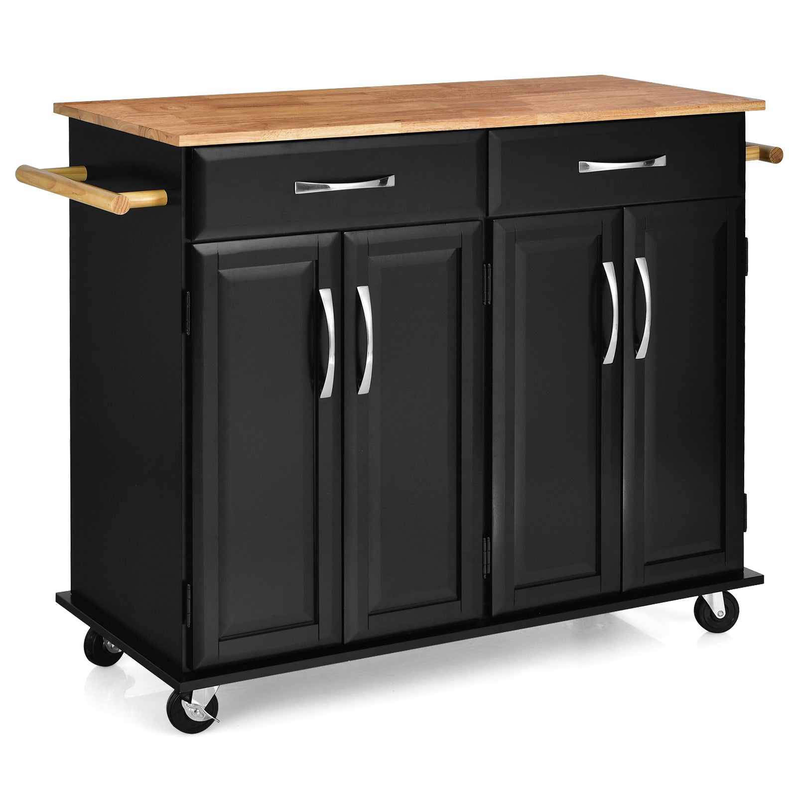 Kitchen Island on Lockable Wheels with Rubber Wood Countertop