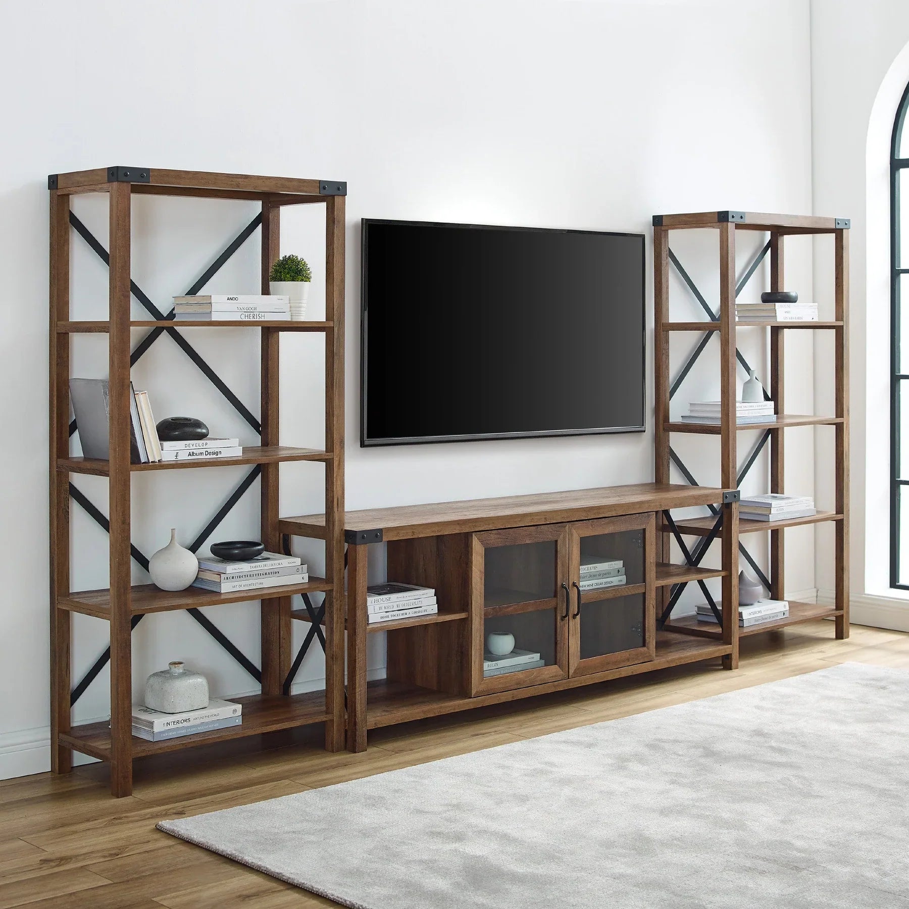 Metal Wall with 178 cm Glass Door TV Console Rustic Oak Almaraz