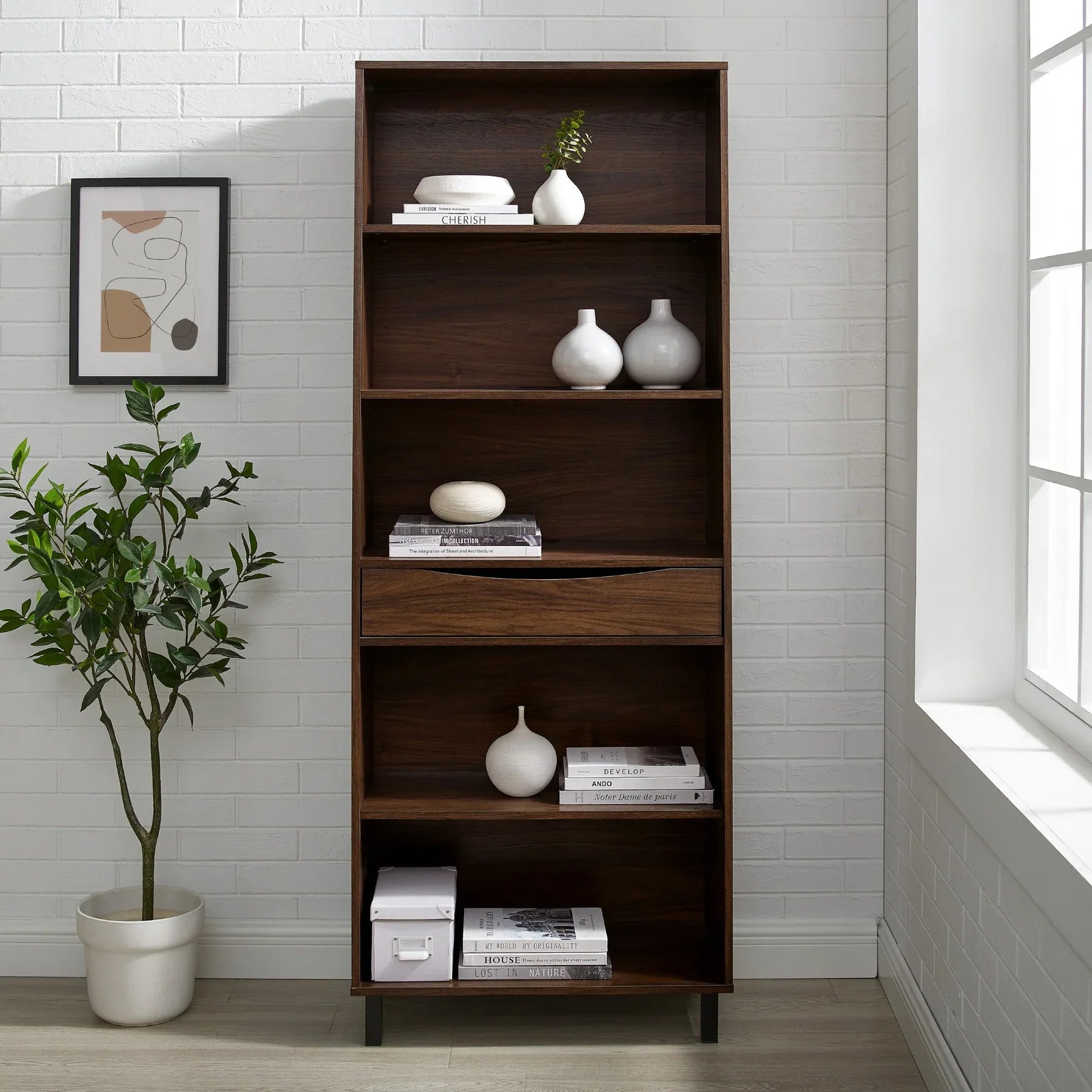 Modern 5 Shelf Bookshelf with Drawer Dark Walnut Addora