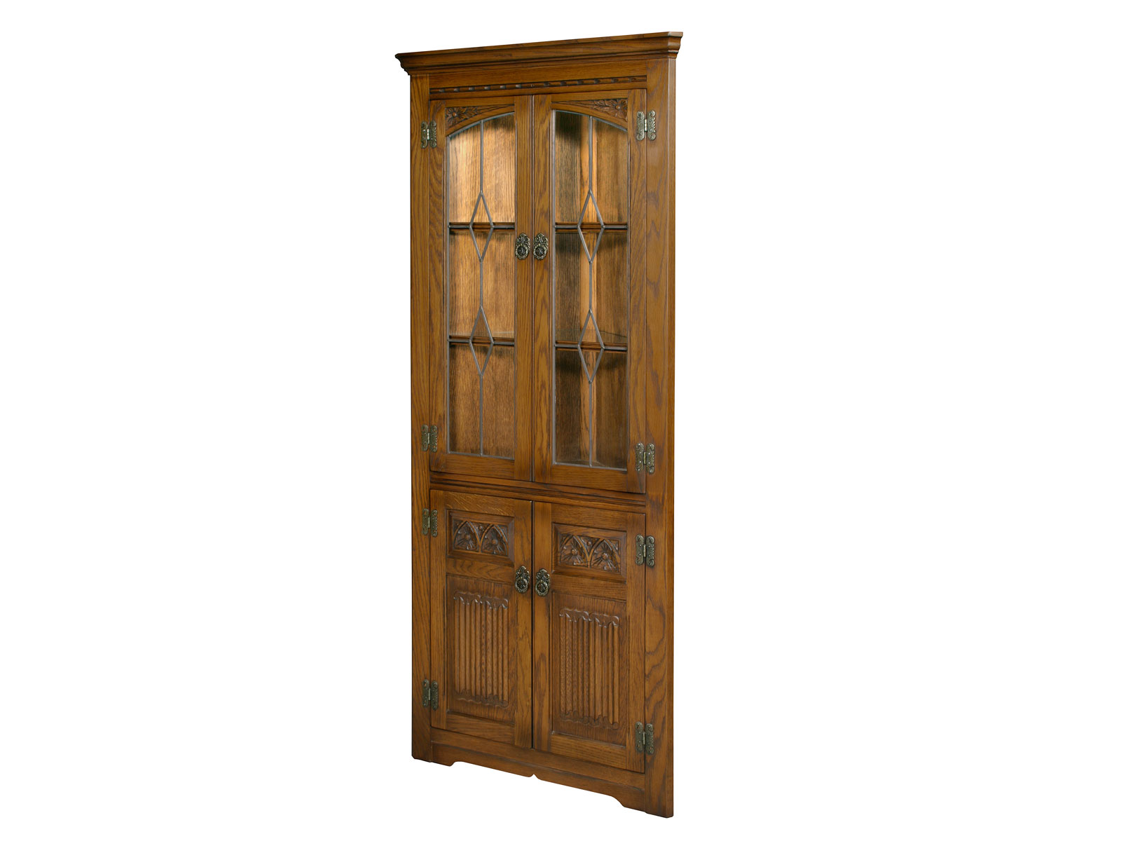 rustic oak corner display cabinet