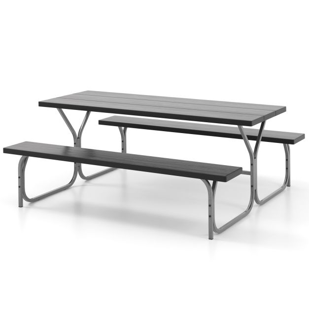 183 cm Picnic Table Bench Set with Umbrella Hole for Patio Garden Yard Poolside Party