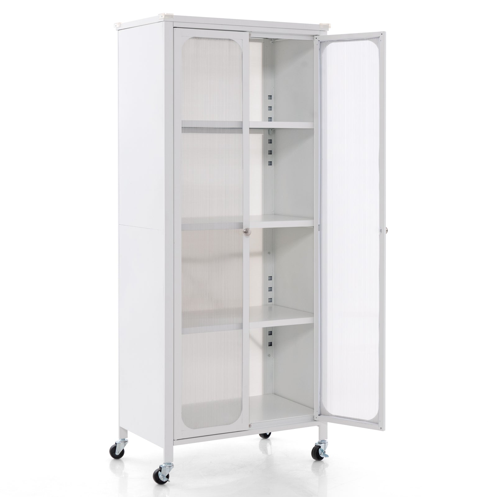 Storage Cabinet with Wheels and Translucent Doors White