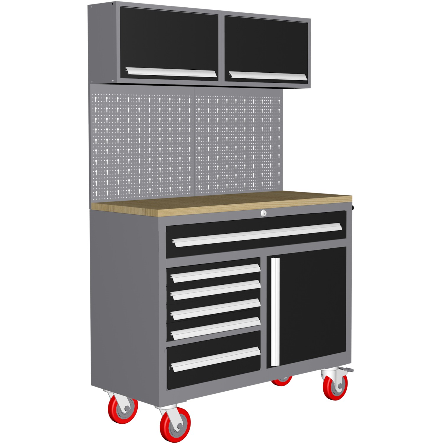 Garage Workstation Set –  with Wooden Desktop, 6 Drawers, 2 Top tool cabinets, and 1 lower cupboard, 1200x500x1870mm | Adexa TC063