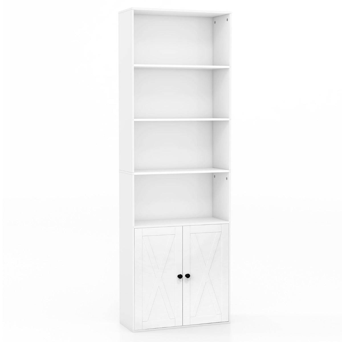 6 Tier Freestanding Bookcase with Farmhouse Style Cabinet Doors White