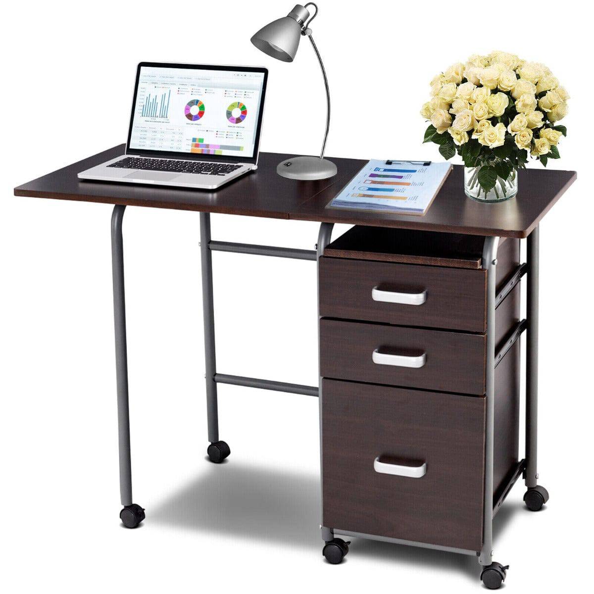 Folding Computer Desk with Rolling Wheels and 3 Drawers for Home Office