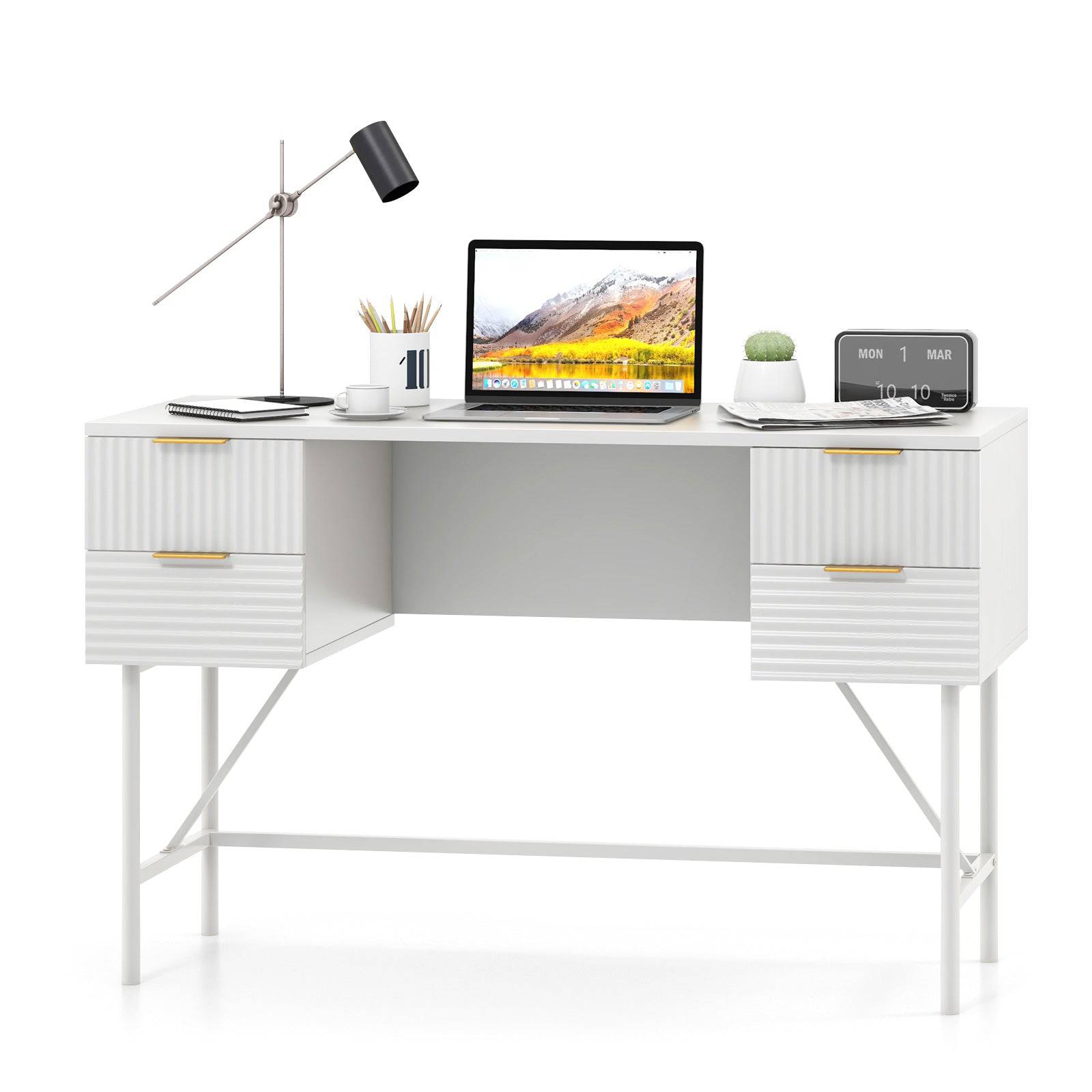 Modern Computer Desk with 4 Drawers and Storage White