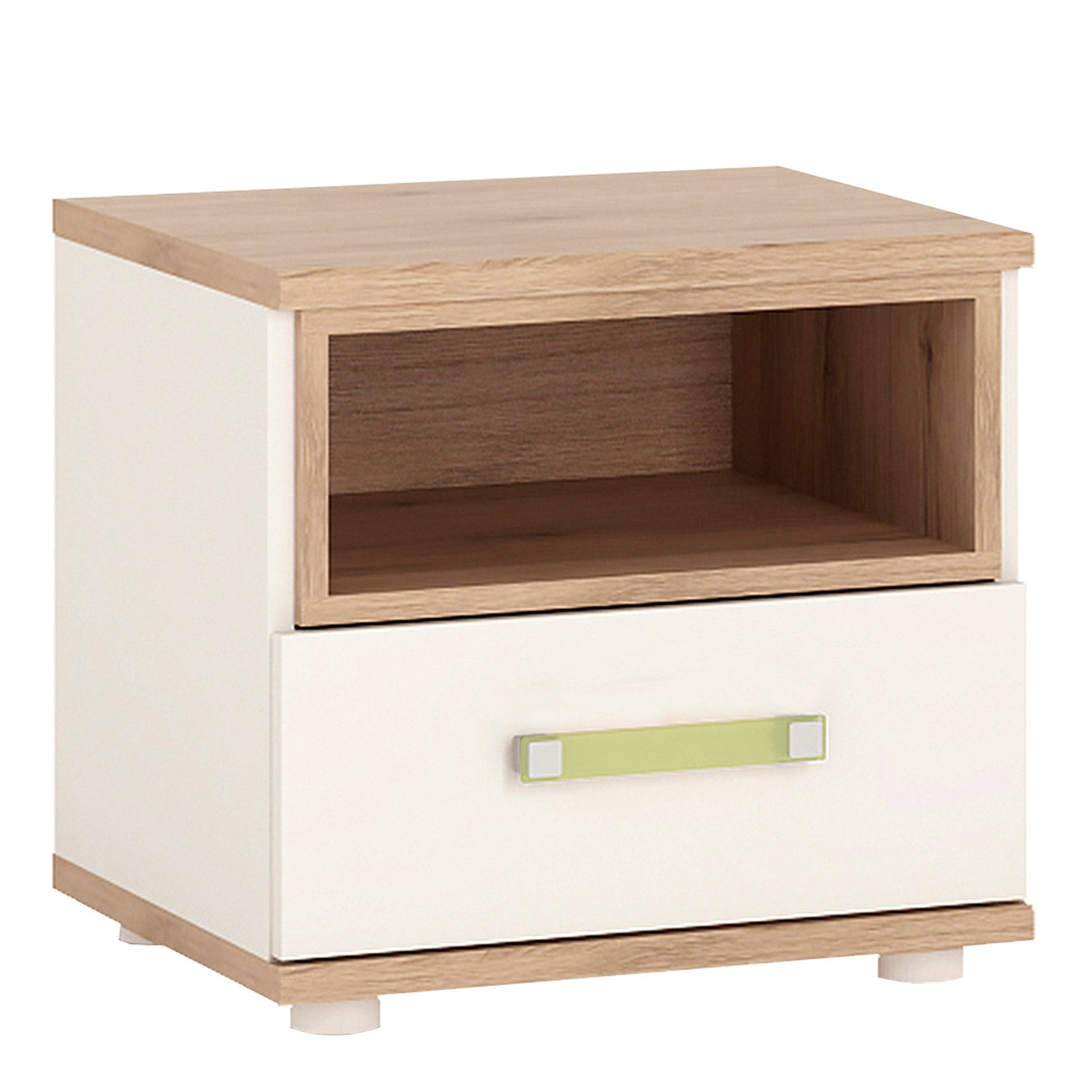 4Kids 1 Drawer bedside in Light Oak and white High Gloss (lemon handles)