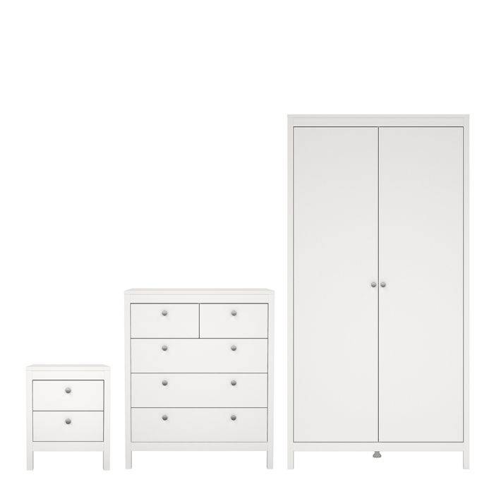 Madrid 3 Piece Bundle, Bedside, Chest and 2 Door Wardrobe in White