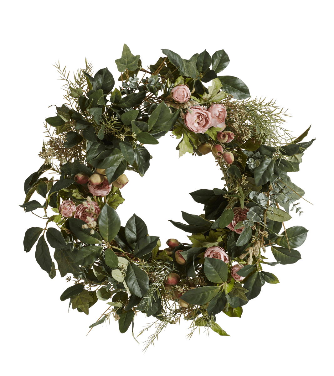 Faux Tea Rose and Eucalyptus Wreath – Multi