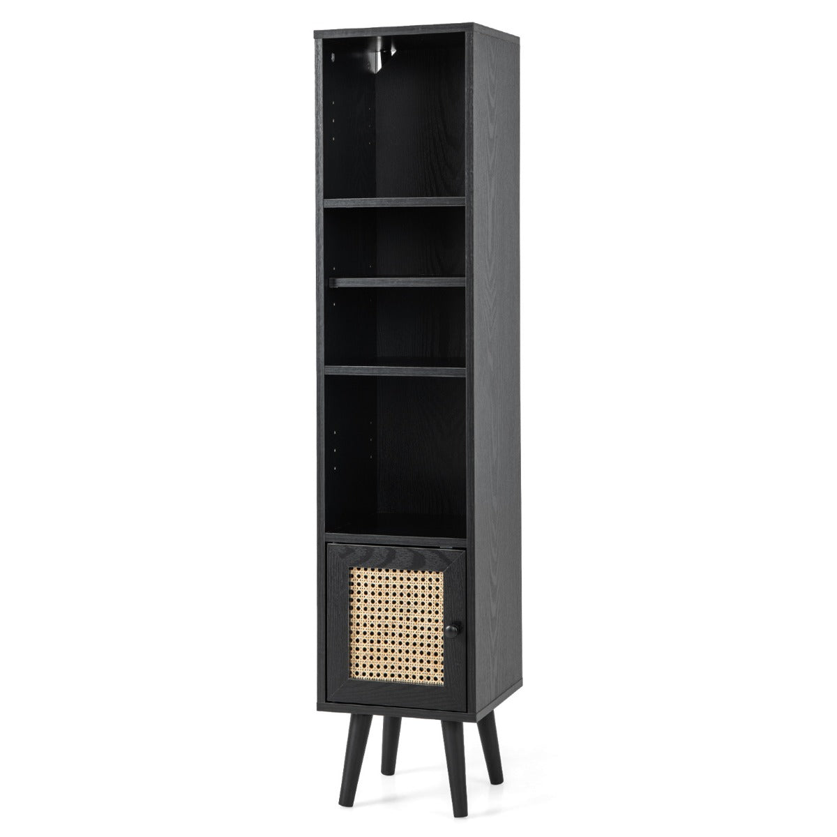 Freestanding Slim Cabinet with Rattan Door and Solid Wood Legs